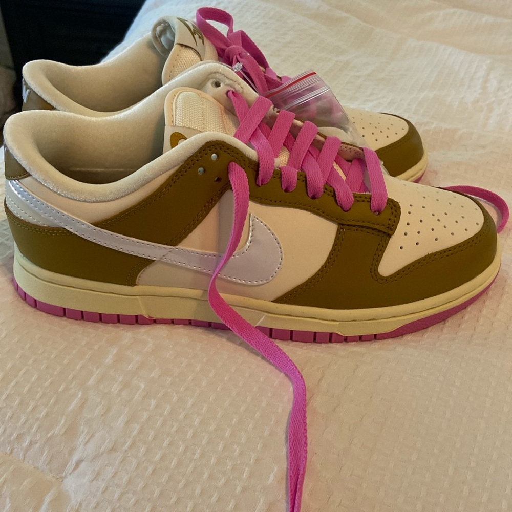 Brand New Nike Womens Low Dunks Color: Bronzine/Coconut Milk/Playful Pink Size 8
